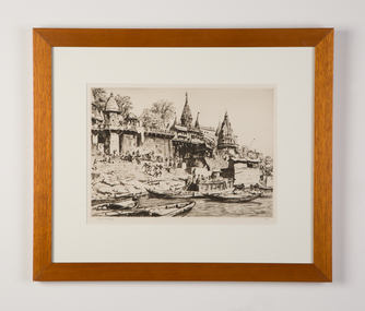 Mixed media, Lionel Lindsay, The Burning Ghat, Benares
