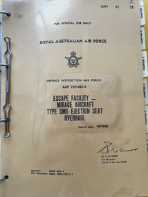 Manual (item) - (SP) AAP 7291.021-3 Dassault Mirage III Ejection Seat Manual Escape Facility - Mirage Aircraft Type OM6 Ejection Seat Overhaul