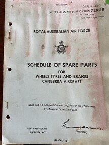 Manual (item) - (SP) AAP 7294.007-4 Schedule of Spare Parts for Wheels, Tyres and Brakes Canberra Aircraft