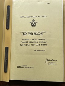 Manual (item) - (SP) AAP 7214.004-6-21 Canberra MK20 Aircraft Planned Servicing Schedule Functional Tests and Checks