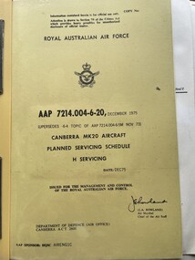 Manual (item) - (SP) AAP 7214.004-6-20 Canberra MK20 Aircraft Planned Servicing Schedule H Servicing