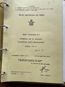 Manual (item) - (SP) AAP 7214.004-4-1 Canberra MK 20 Aircraft Illustrated Parts Breakdown Book 1 of 5 Copy No 2 Dated 15Sep75