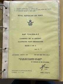 Manual (item) - (SP) AAP 7214.004-4-5 Canberra MK 20 Aircraft Illustrated Parts Breakdown Book 5 of 5 Date:15SEP75, ANA History 12 Ansett airways papers