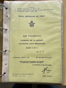 Manual (item) - (SP) AAP 7214.004-4-5 Canberra MK 20 Aircraft Illustrated Parts Breakdown Book 5 of 5 Date:15SEP75, ANA History 12 Ansett airways papers