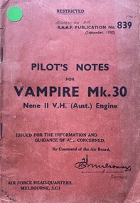 Book (item) - (SP) AAP 839 Pilot's Notes Vampire Mk. 30 Nene II V.H. (Aust) Engine