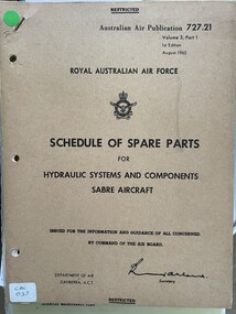 Manual (item) - (SP) AAP 727.21 Schedule of Spare Parts for Hydraulic Systems and Components Sabre Aircraft