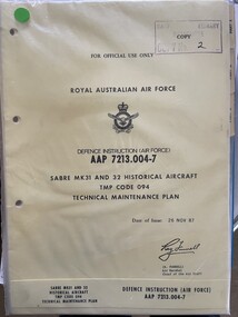 Manual (item) - (SP) AAP 7213.004-7 Sabre Mk 31 and Mk 32 Historical Aircraft Technical Maintenance Plan Defence Instruction