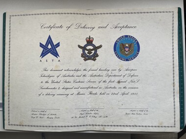 Certificate (item) - GAF Collection - ASTA Certificate Of Delivery And Acceptance Of The First Nomad N22S Searchmaster 2 To United States Custom Service 22.04.1988