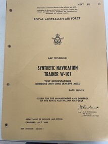 Manual (Item) - (SP) AAP 7573.028-3-8 Synthetic Navigation Trainer W-107 Test Specs, Royal Australian Air Forcce Synthetic Navigation Trainer W-107 Test Specifications Numbers 20071 - 20082 ( except 20073