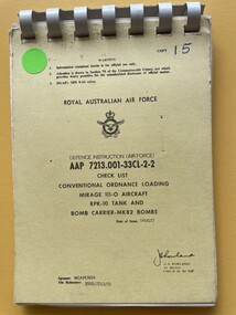 Manual (Item) - (SP) AAP 7213.001-33CL-2-2  RPK-10 tank and bomb carrier Mk82 bombs conventional ordnance loading on Mirage 111-0 aircraft