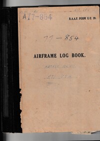 Journal (Item) - RAAF Meteor Mk.8 airframe log book A77-854 - Delivered 20/08/52. Served in Korea with 77 Sqn. Sold to RH Grant Trading Co 19/05/58 and scrapped, Airframe Logbook Meteor Mk.VIII A77-854