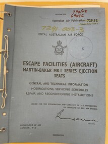 Manual (Item) - (SP) AAP 7291.003-3 RAAF Pub 729:12 Escape facilities (aircraft) Martin - Baker Mk 1 Series Ejection seats