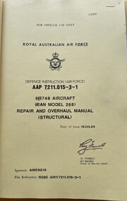 Manual (Item) - (SP) AAP 7211.015-3-1 HS748 Aircraft (RAN Model 268) Repair and Overhaul Manual (Structural)