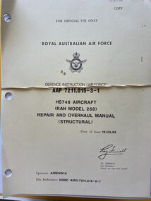 Manual (Item) - (SP) AAP 7211.015-3-1 HS748 Aircraft (RAN Model 268) Repair and Overhaul Manual (Structural)