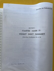 Manual (Item) - (SP) AAP RAAF Pub 829 Weight Sheet Summary for Vampire MK 31