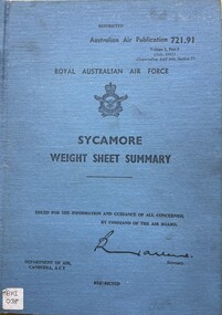 Manual (Item) - (SP) AAP 721.91 Vol 1 Pt 5 RAAF Sycamore Weight Sheet Summary