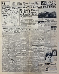 Newspaper (item) - (SP) Argus May 8 1945 Surrender of Germany end of World War2 and Courier Mail February 20 1942 -  Darwin bombing summary of the war years 1939 to 1945 Rangoon Burma fighting