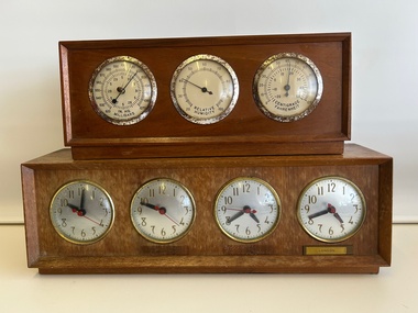 Instrument (item) - Weather Station, comprising , Barometer ,Hygrometer & Thermometer with Time Zone Clock. From the desk of Frank Pascoe General Manager Ansett-ANA, Weather Station, comprising , Barometer ,Hygrometer & Thermometer with Time Zone Clock