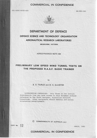 Document (item) - CAC History Preliminary low speed wind tunnel tests on RAAF trainer