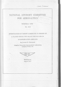 Document (item) - CAC History Thrust losses on full flare two blade propeller on slender nose aircraft