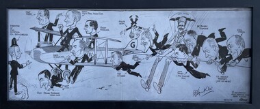 Print (item) - Caricature of Bert Hinkler in a De Havilland Major aircraft with Aero Club committee members and many other personailities, To my friend Guy Moore with best wishes - from Wells
