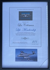Print (item) - Les Coleman Life Membership Certificate from Australian National Aviation Museum - Moorabbin