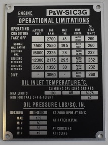 Plaque (item) - Pratt & Whitney SIC3G Radial Engine Operational Limitations Plate