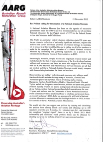 Document (item) - AARG Australian Aircraft Restoration Group Petition calling for the creation of a National Aviation Museum 19 Nov 2012