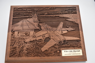 Plaque (item) - Wooden Plaque Featuring An F/A-18A Hornet Presented By Northrop Corporation