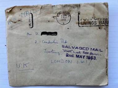 Letter (item) - Envelope salvaged from Comet crash in 1953