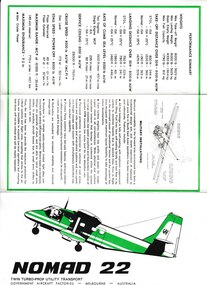Pamphlet (Item) - GAF Nomad 22 promotional material - designed for, possesses, provides. Performance summary. Millitary Installations, Nomad 22 - Twin Turbo-Prop Utility Transport
