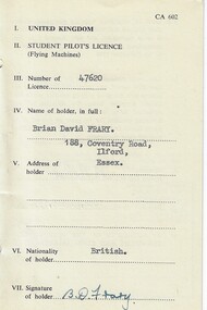 Document (item) - Student Pilot's Licence UK - Brian David Frary, Licence Number 47260