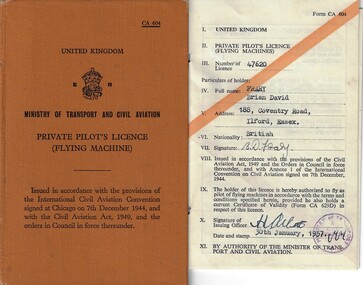 Document (item) - Private Pilot's Licence (Flying Machine) - Issued To B.D.Frary,Number Of Licence 47260