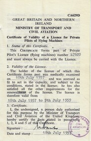 Document (item) - Certificate Of Validity Of A Licence For Private Pilots Of Flying Machines, Issued To B.D.Frary. Dated 10.07.1957