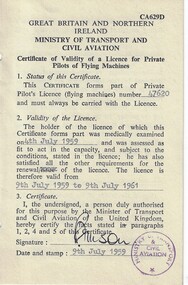 Document (item) - Certificate Of Validity Of A Licence For Private Pilots Of Flying Machines, Issued To B.D.Frary. Dated 04.07.59