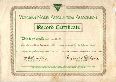 Certificate (item) - Victorian Model Aeronautical Association (VMAA) Record Certificate Issued To A.Smith 26th January 1938