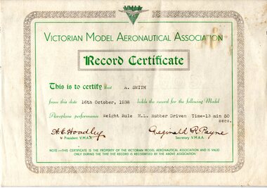 Certificate (item) - Victorian Model Aeronautical Association (VMAA) Record Certificate Issued To A.Smith 16th October 1938