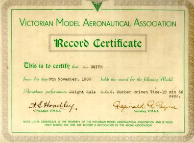 Certificate (item) - Victorian Model Aeronautical Association (VMAA) Record Certificate Issued To A.Smith 8th November 1938