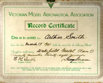 Certificate (item) - Victorian Model Aeronautical Association (VMAA) Record Certificate Issued To A.Smith 17th March 1941