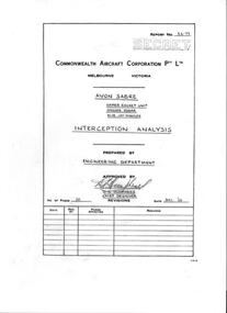 Document (item) - Avon Sabre Interception Analysis - Napier Rocket Unit, NASARR Radar and Blue Jay Missiles. Report No. AA-77, Avon Sabre. Napier Rocket Unit. NASARR Radar. Blue Jay Missiles. Interception Analysis, December 1955