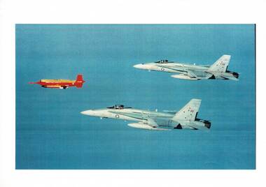 Photograph (item) - GAF Collection - Publicity Photo Colour - Jindivik in formation with F/A-18A Hornets A21-11& A21-12
