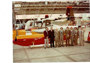 Photograph (item) - GAF Collection - Assorted Jindivik Photos - N11-650 'Stan Quinn' Avalon, Pika C-2, Nomad in Factory with corporate types (A4 + A6 sized), GAF Collection - Assorted Jindivik Photos - N11-650 'Stan Quinn' Avalon