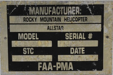 Plaque (item) - Data Plate Rocky Mountain Helicopter Allstar