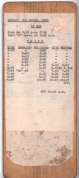 Tramway crew timetable adherred to a sheet of plywood.  Comprises a sheet of plywood.