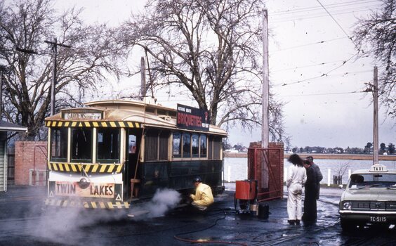 Ballarat Tram 11 being steam cleaned 1971