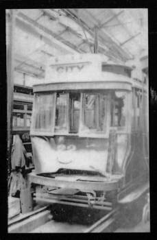 Photograph of Geelong tram 22, damaged following an accident.