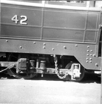 side on view of part of No. 42 showing the Maximum Traction Truck, Brill 22E type