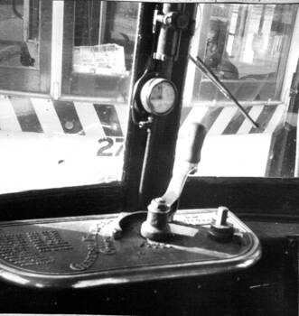 Interior view of a Maximum Traction Tram (probably No. 42), showing controller and air gauge.