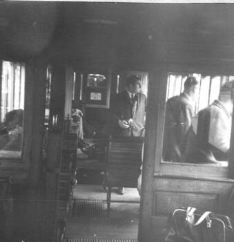 Interior view of a Maximum Traction Tram (probably No. 42), showing controller and air gauge.