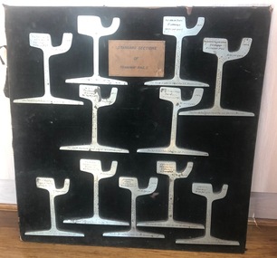 Plywood sheet displaying 11 different early 1900's English tramway rail sections.